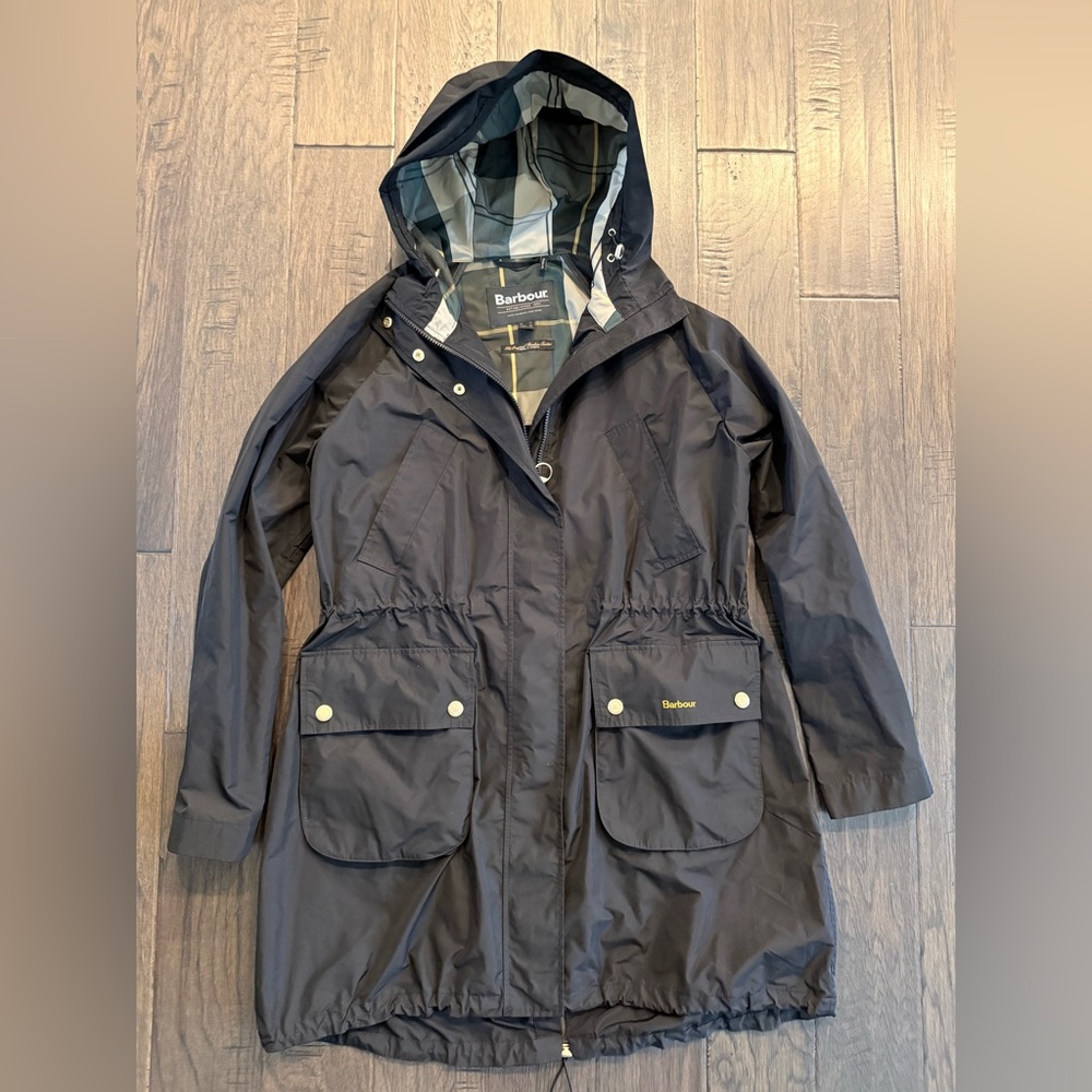SOLD Barbour Una Raincoat Showerproof Water Resistant Hooded Black Size 10